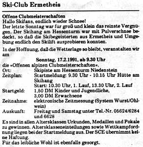 Ankündigung inNiedensteiner Nachrichten - Clubmeisterschaft 1991