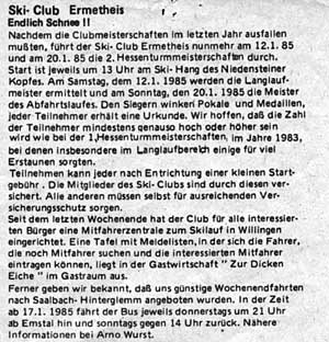 Ankündigung in Niedensteiner Nachrichten - Clubmeisterschaft 1985